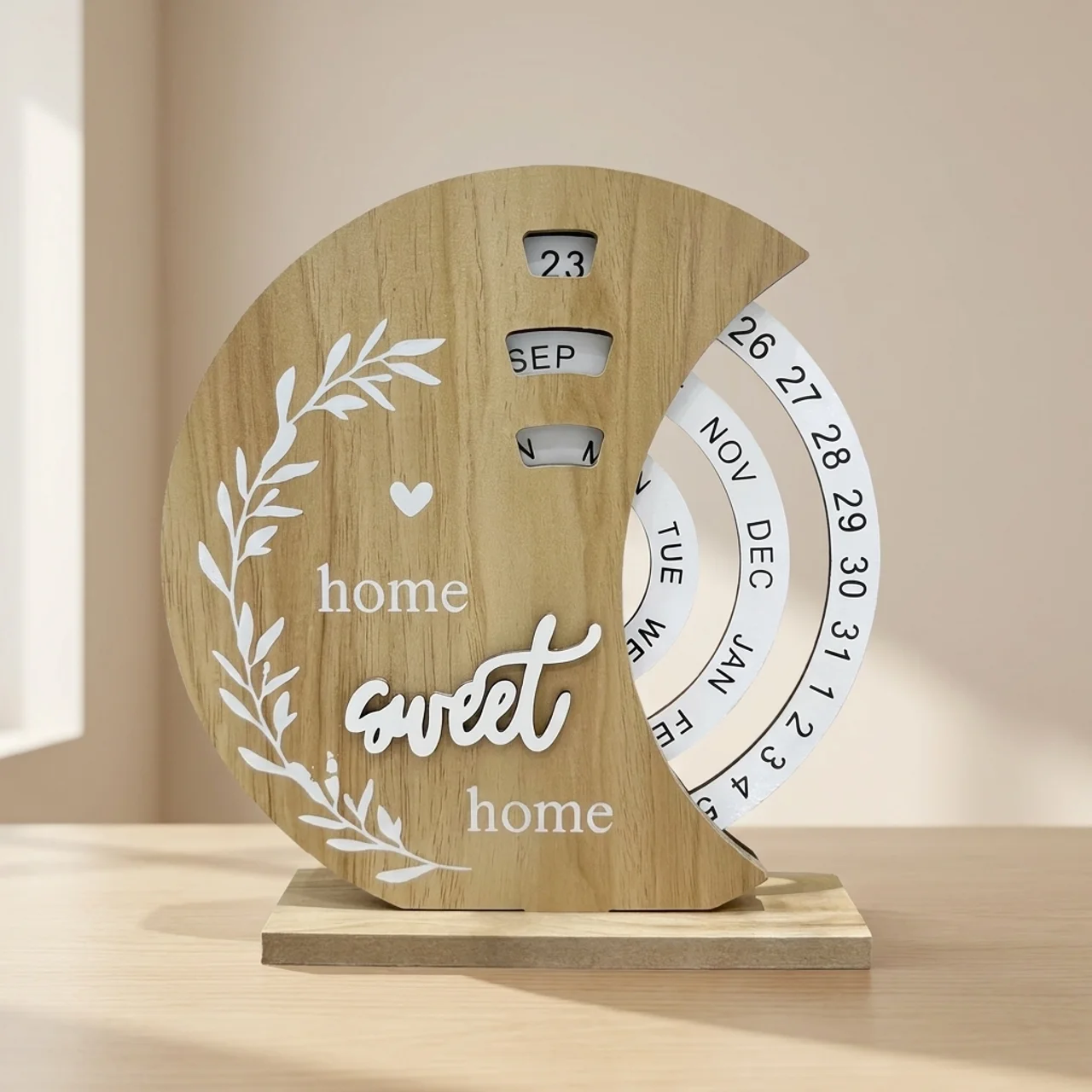 Desk Calendar Natural Wood Rotating Date Wheels