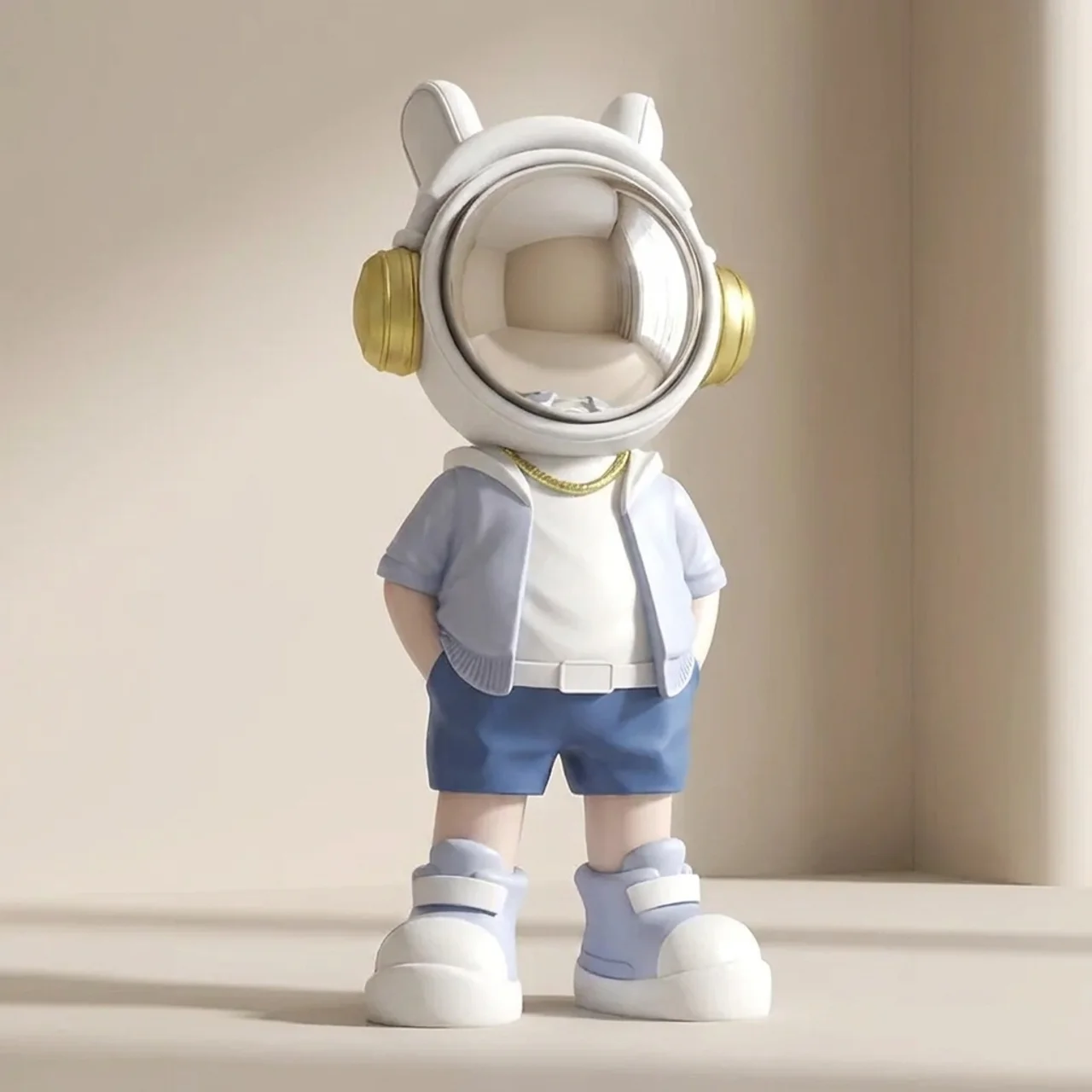 Toy figure wearing a white helmet with gold accents on a beige background