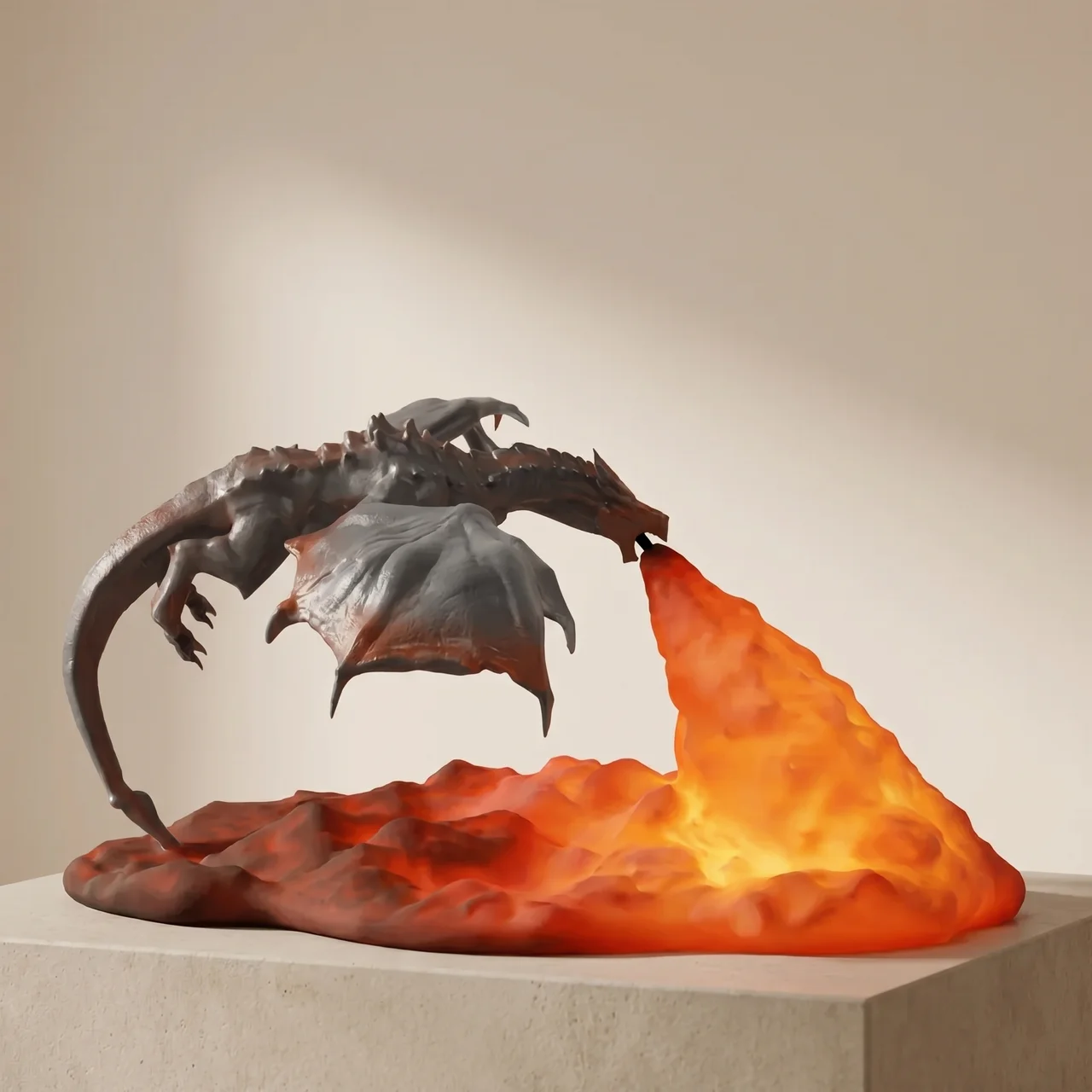 Dragon sculpture breathing fire on a beige background