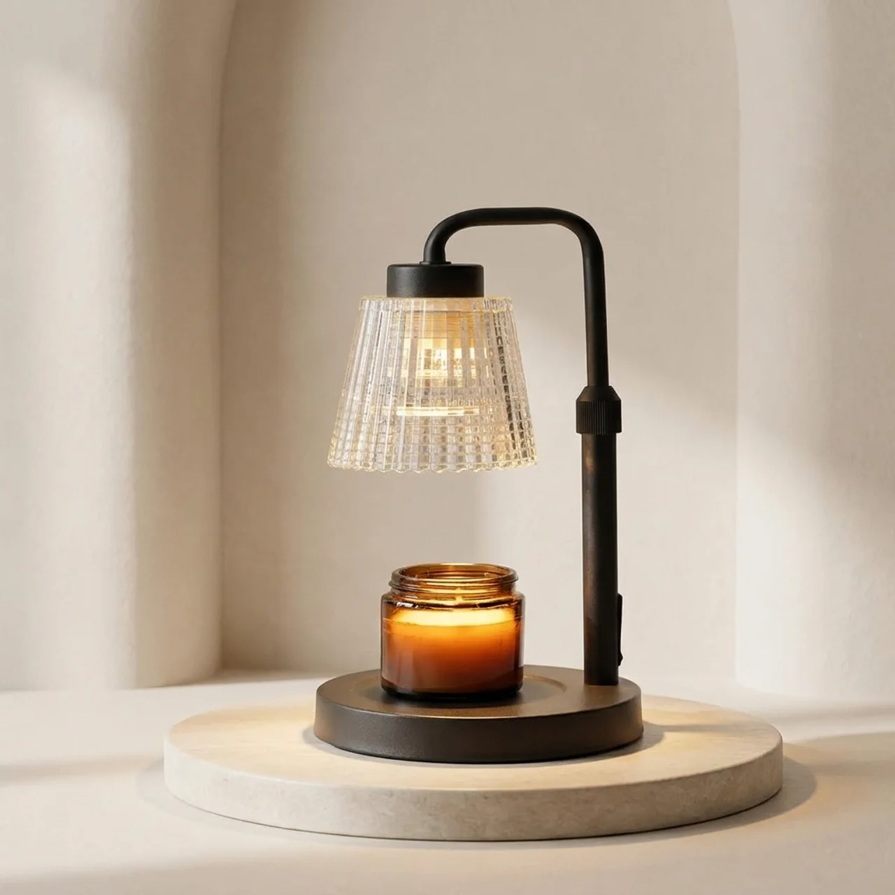 Table lamp with a candle on a neutral background