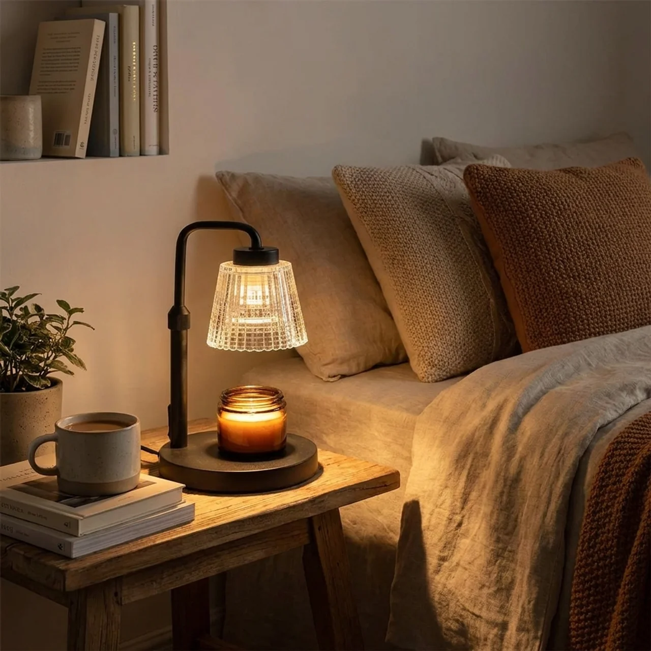 Cozy living room with a lamp, candle, and books on a side table.
