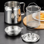 Set of stainless steel kitchen utensils including a pitcher, strainer, bowl, and lid on a dark surface.