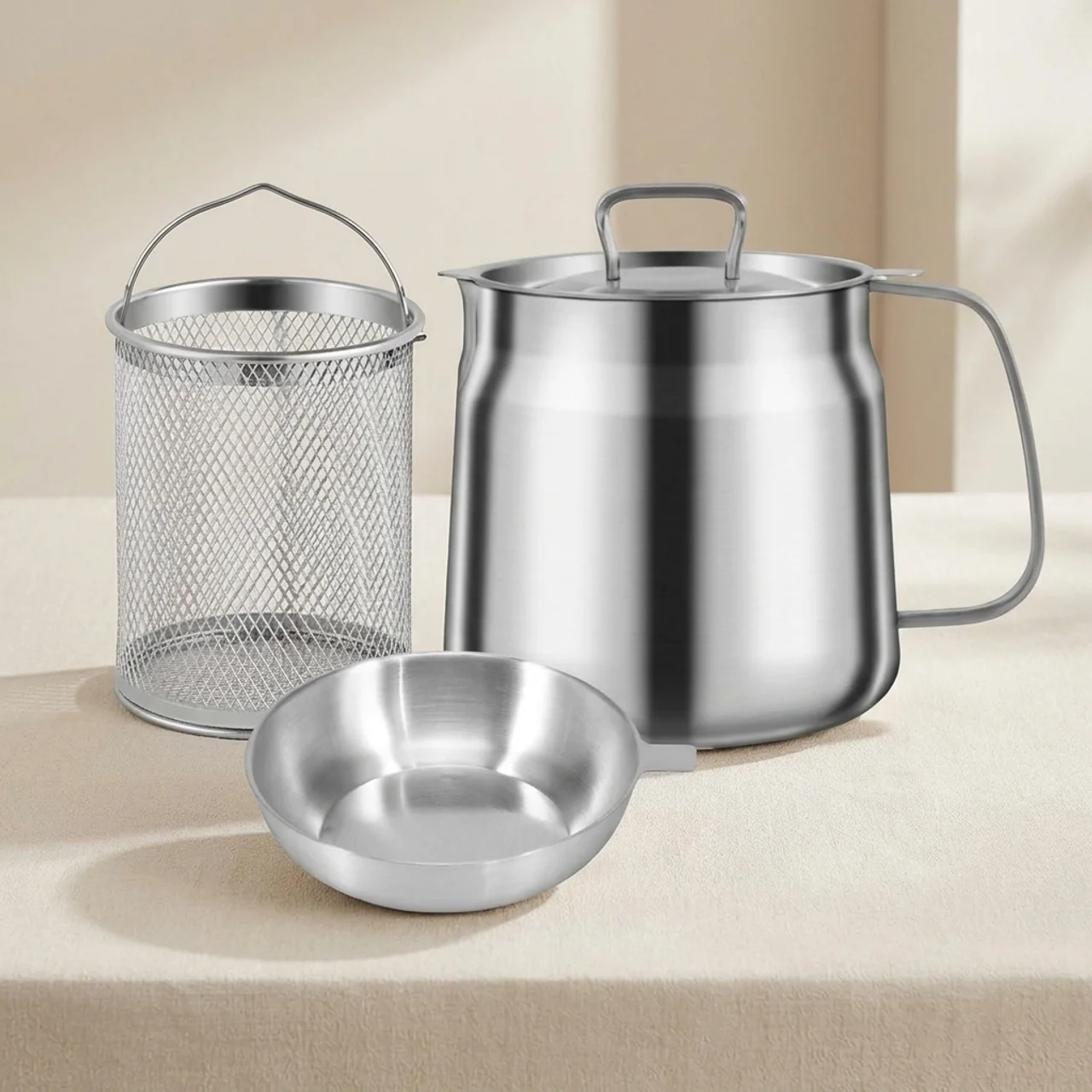 Deep Fryer Pot with Integrated Oil Strainer Stainless Steel Silver Kitchen Frying Pot