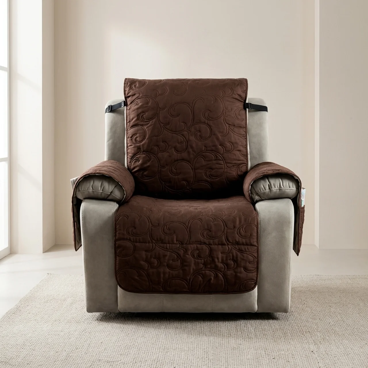 Brown quilted chair cover on a gray recliner chair in a room with light-colored walls and carpet.