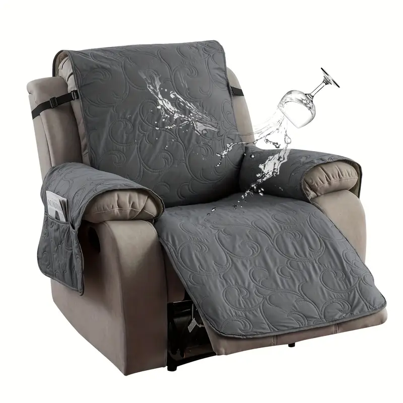 Gray recliner cover with water splash effect on a white background