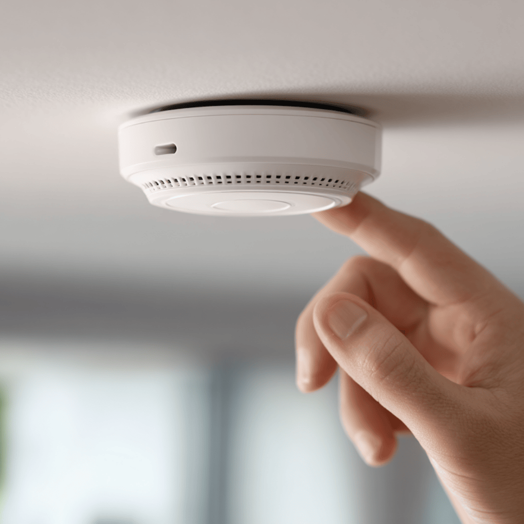 Hand adjusting a smoke detector on a ceiling