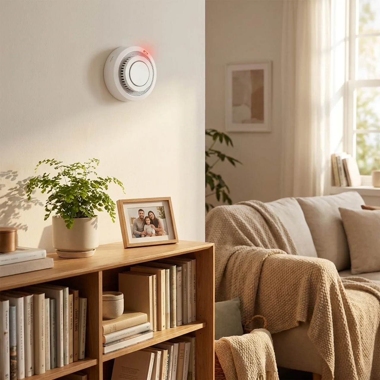 Living room with a fire alarm, bookshelf, and sofa