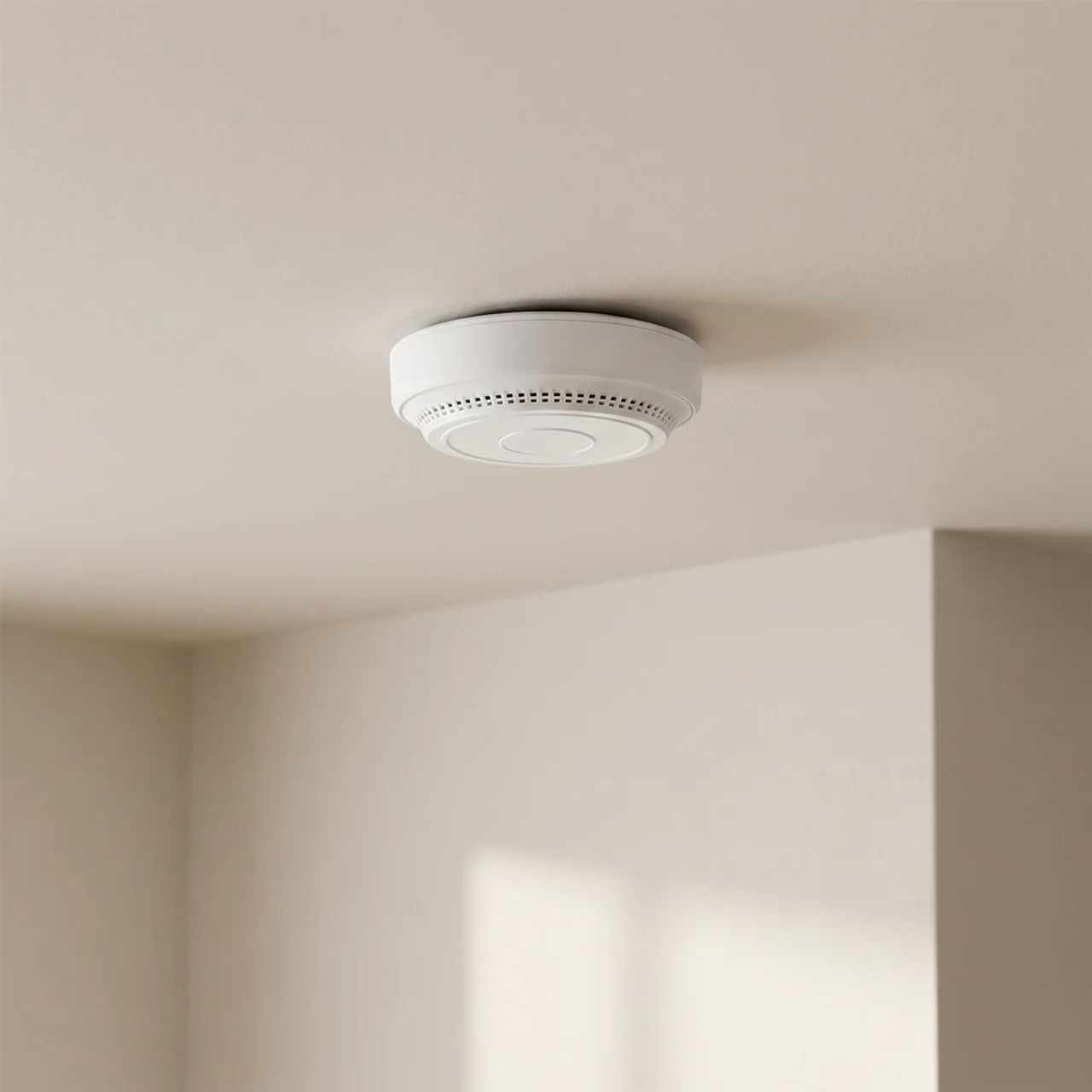 White smoke detector on a beige ceiling