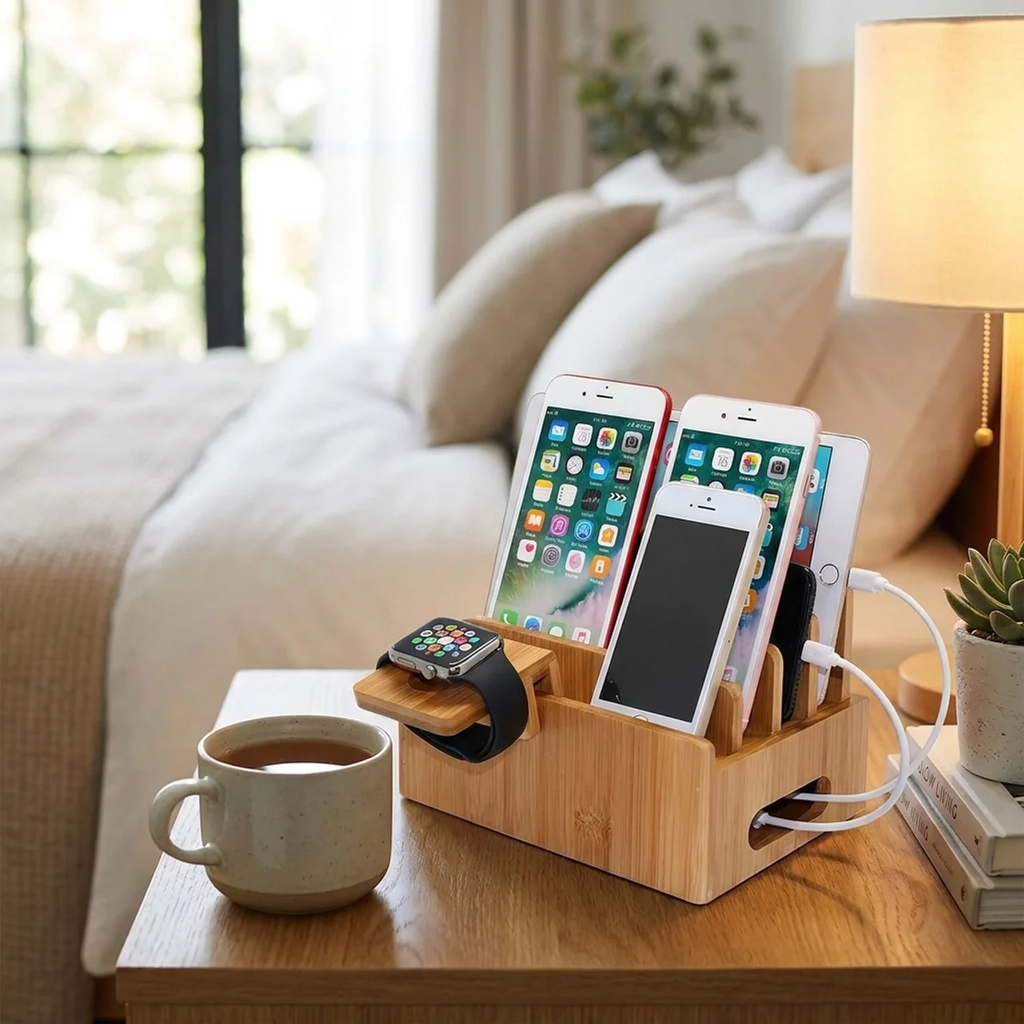 Wooden charging station with multiple devices on a nightstand next to a cup of coffee.