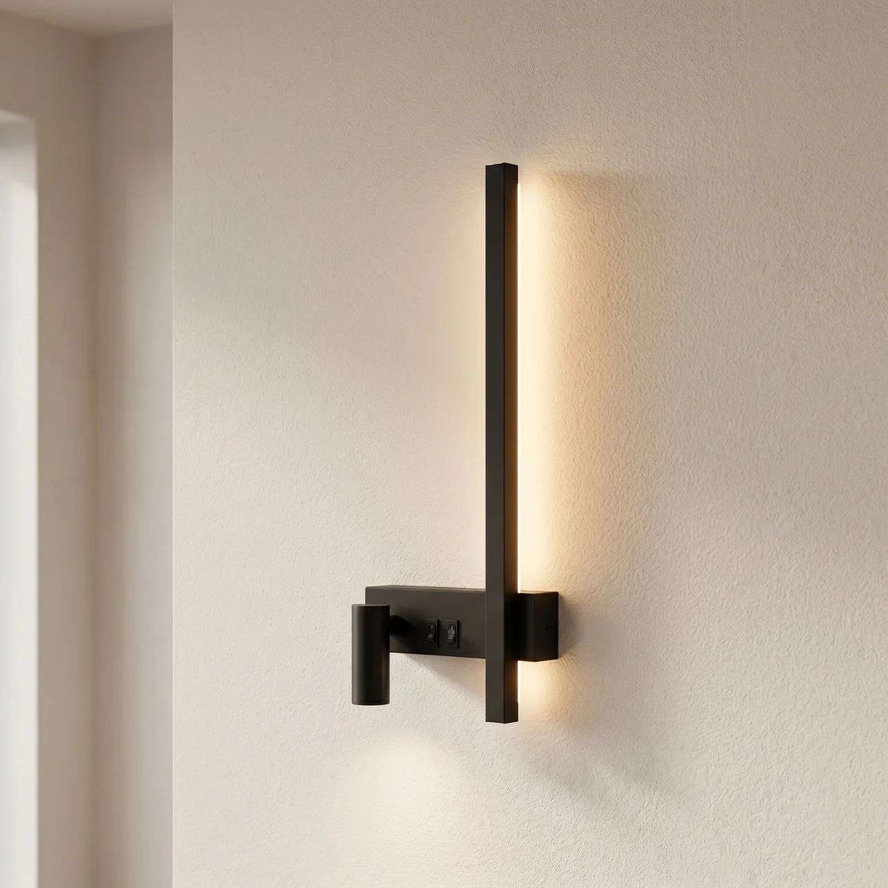 Modern black wall sconce on a neutral wall