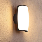 Wall-mounted outdoor light fixture on a textured wall