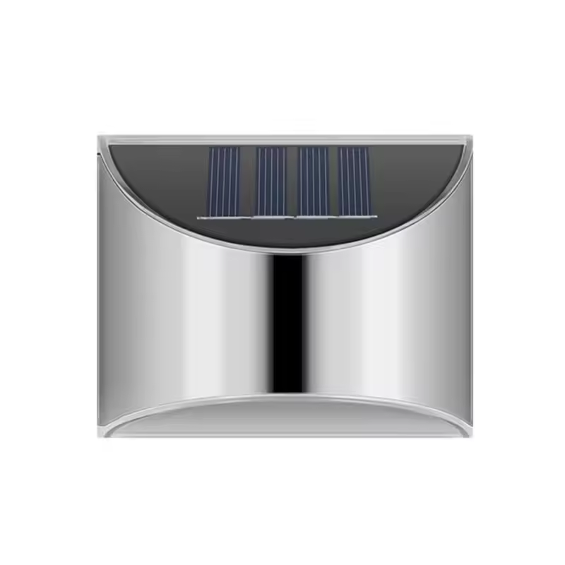 Silver outdoor wall light fixture with solar panel on a white background
