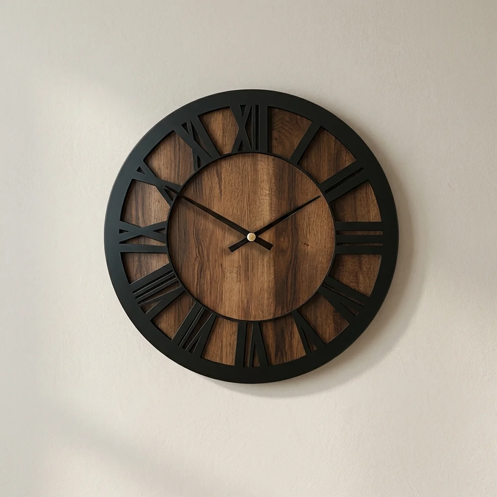 Wooden wall clock with black frame and Roman numerals on a beige wall.