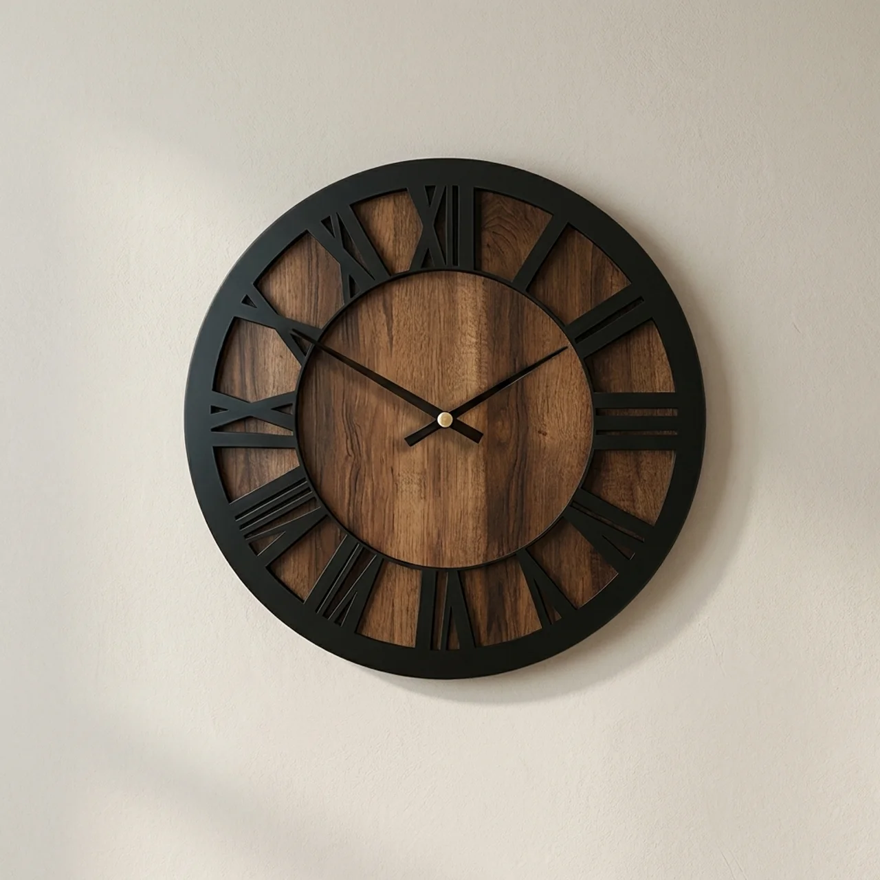 Wooden wall clock with black frame and Roman numerals on a beige wall.