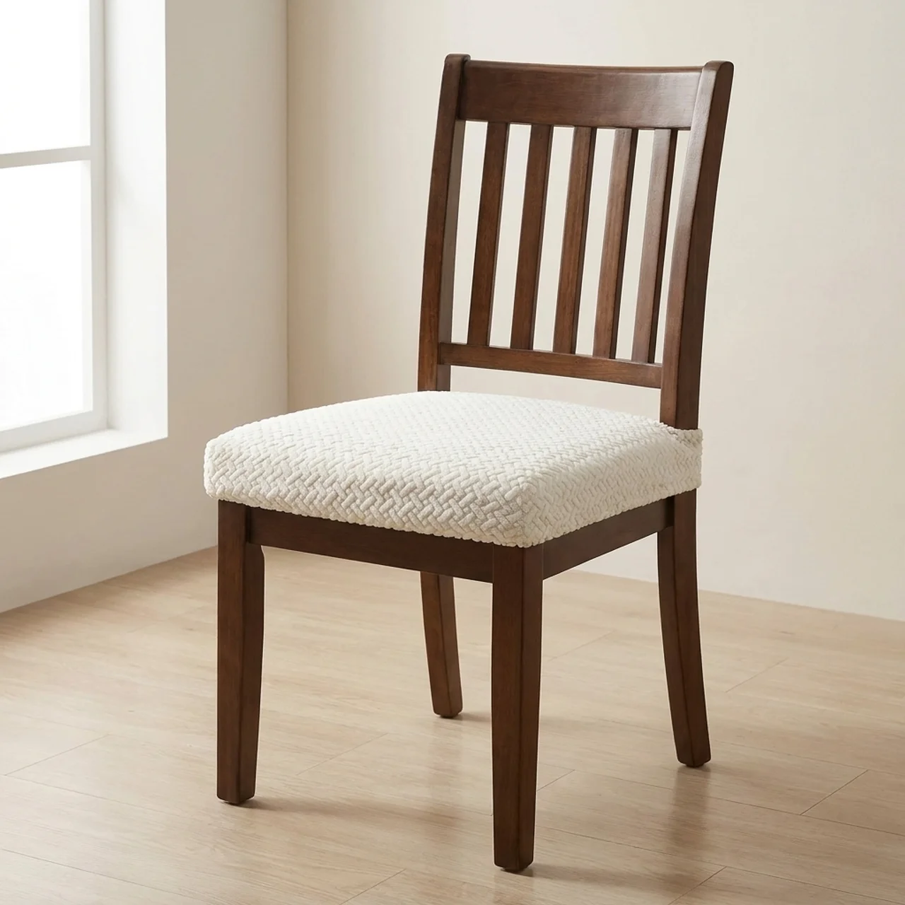 Wooden chair with a white cushioned seat in a room with a window.