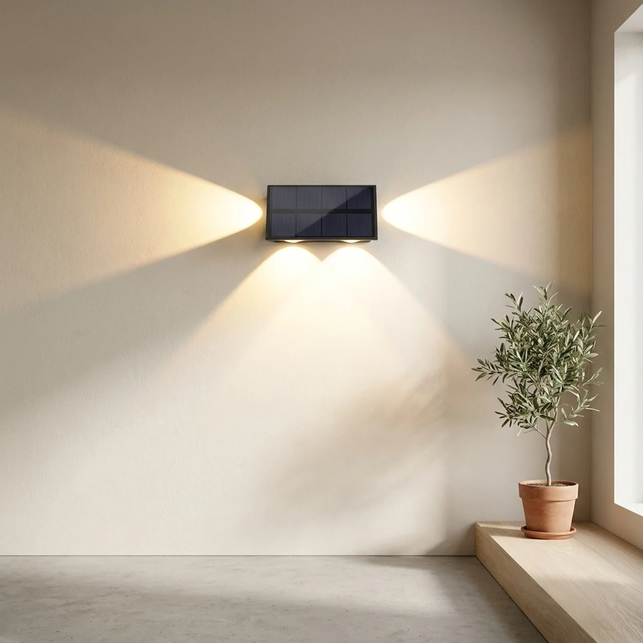 Modern wall-mounted solar light fixture on a neutral wall with a plant beside it.