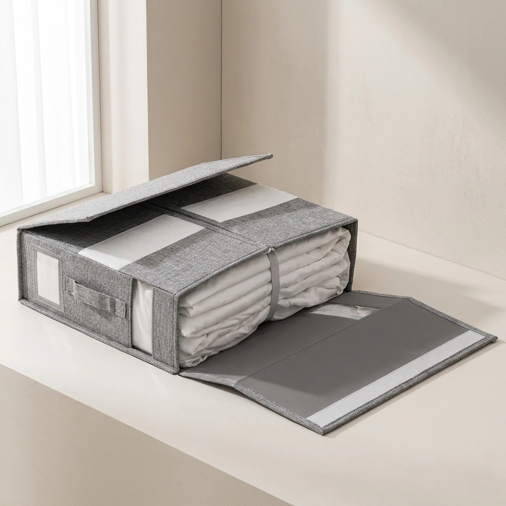 Gray fabric storage box with a mattress inside on a light wooden floor.