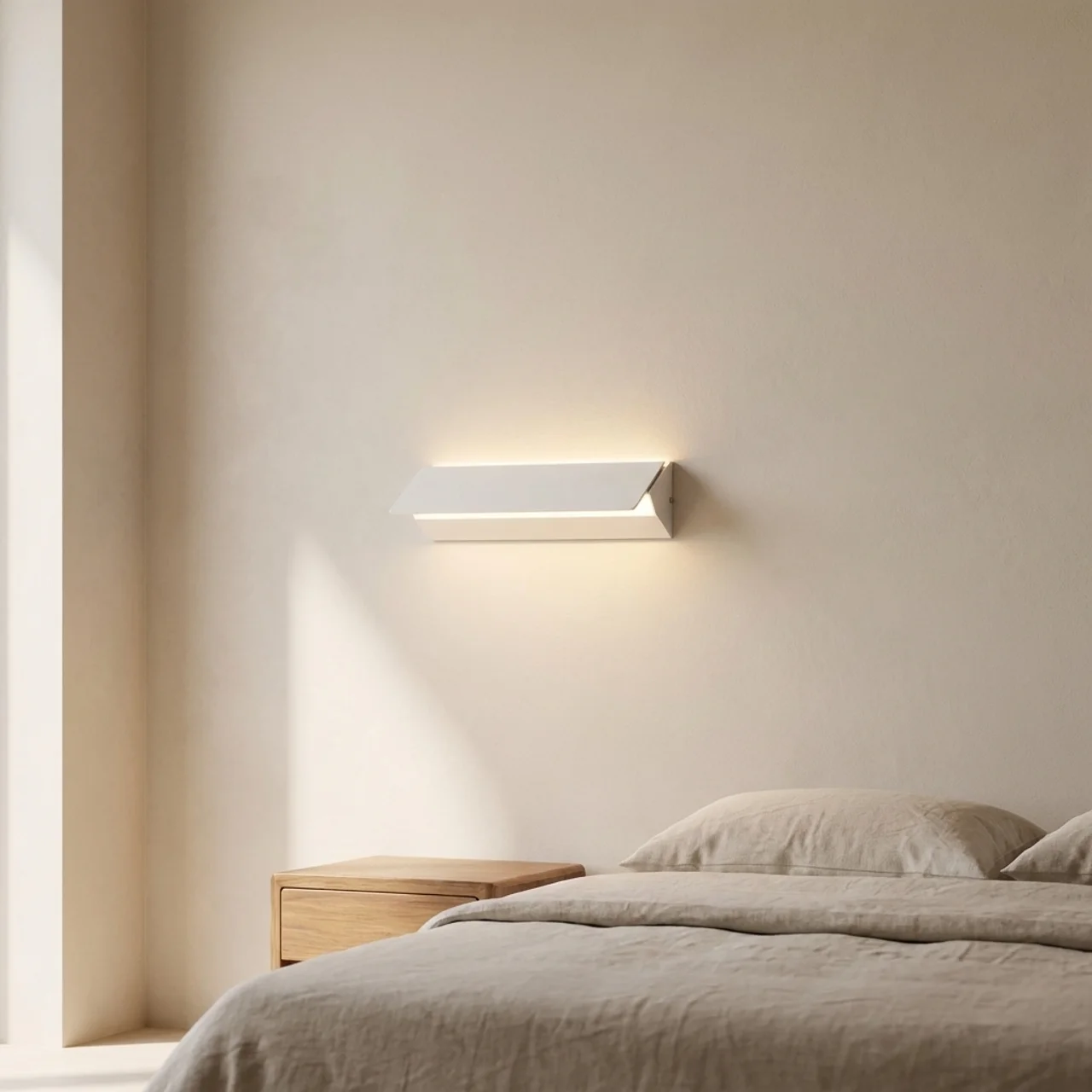 Modern wall light fixture on a neutral wall above a bed