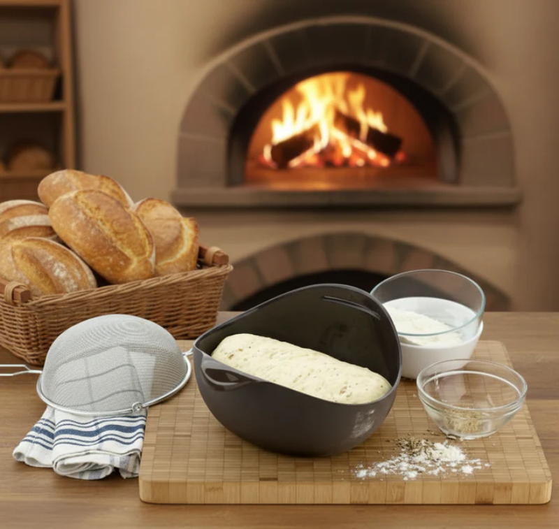 Bread-making setup with bread in a basket, dough in a bowl, and ingredients on a wooden table with a fireplace in the background.