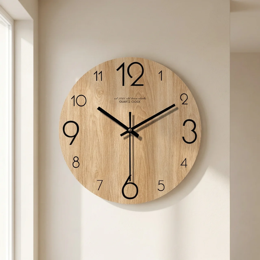 Wooden wall clock with black hands on a beige wall