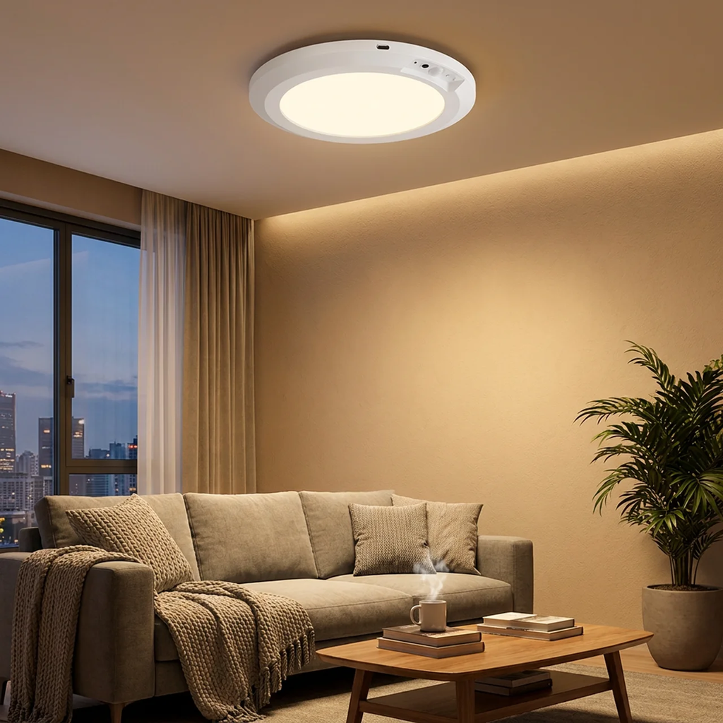 Modern living room with a ceiling light fixture, sofa, coffee table, and plant.