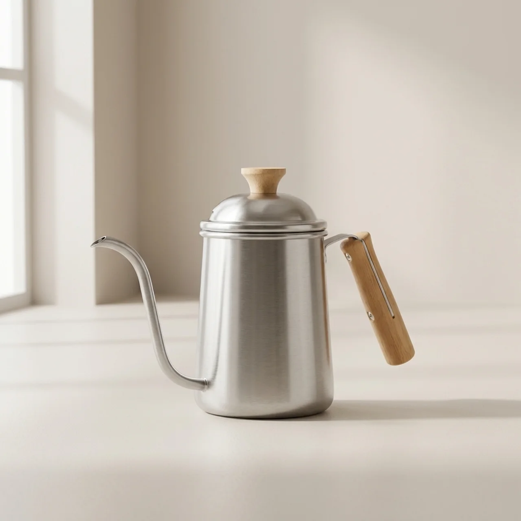 Stainless steel coffee kettle with wooden handle and spout on a light surface.