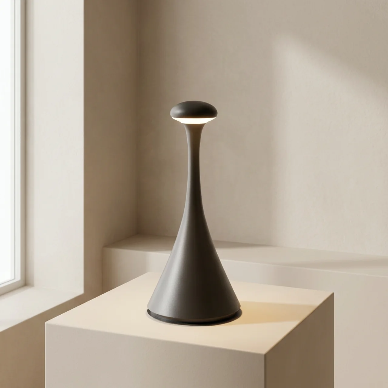 Modern black lamp on a light-colored pedestal against a neutral wall.