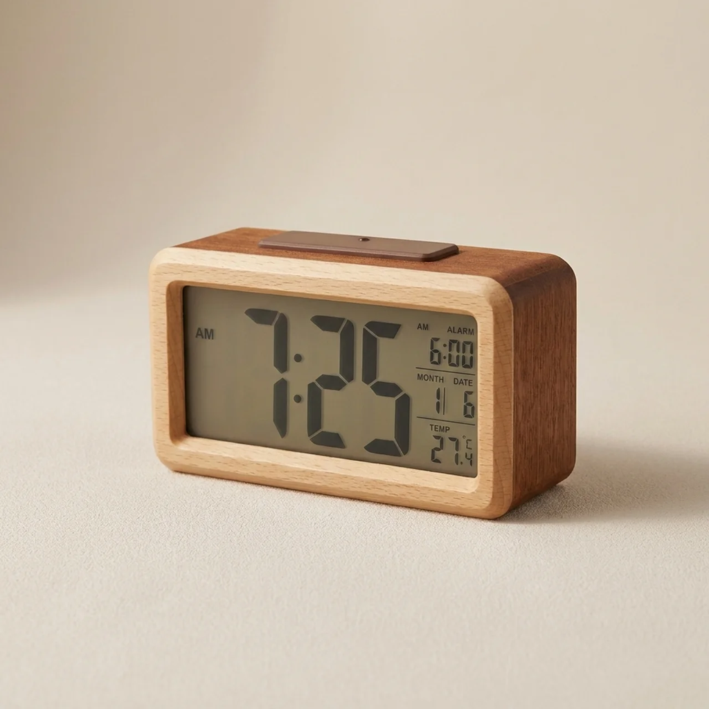 Digital clock with wooden frame on a beige background