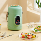 Green thermos jar on a table with a salad and glasses in the background