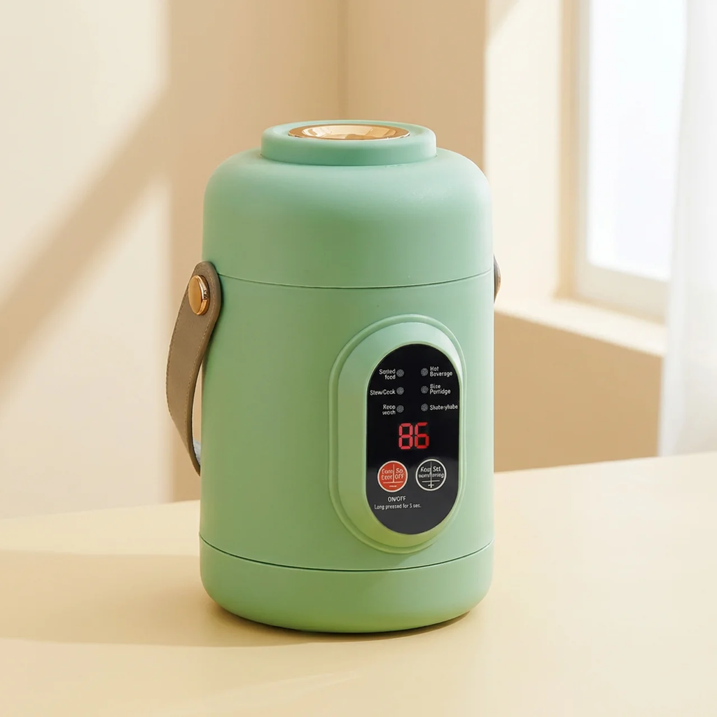 Green thermos with digital display on a beige surface