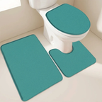 Teal bathroom rug set with a toilet cover on a beige floor.