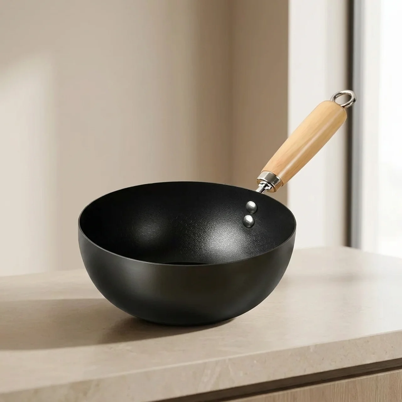 Black wok with a wooden handle on a light-colored surface