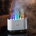 White electronic device emitting colorful smoke against a blurred background