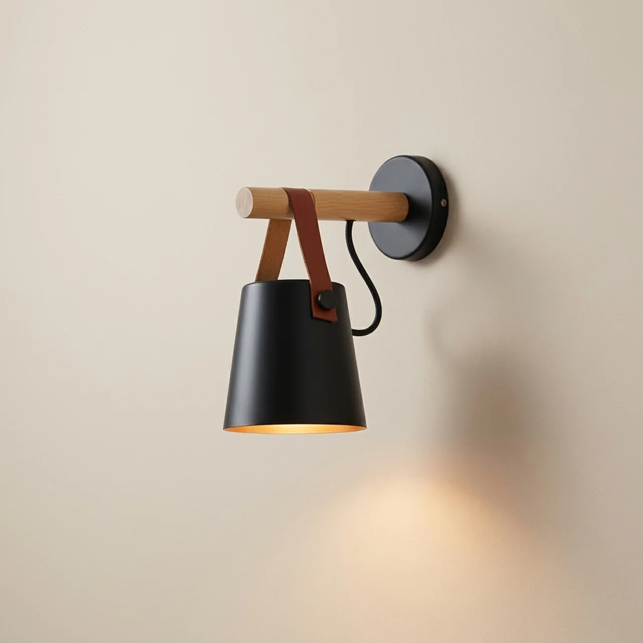 Wall-mounted lamp with black shade and wooden arm on a beige wall