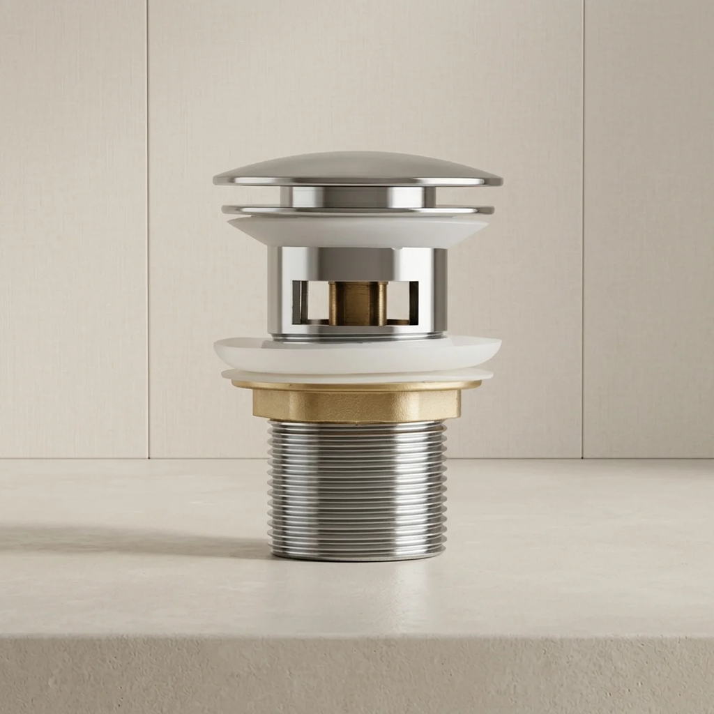 Bathroom sink drain with chrome and brass finish on a neutral background