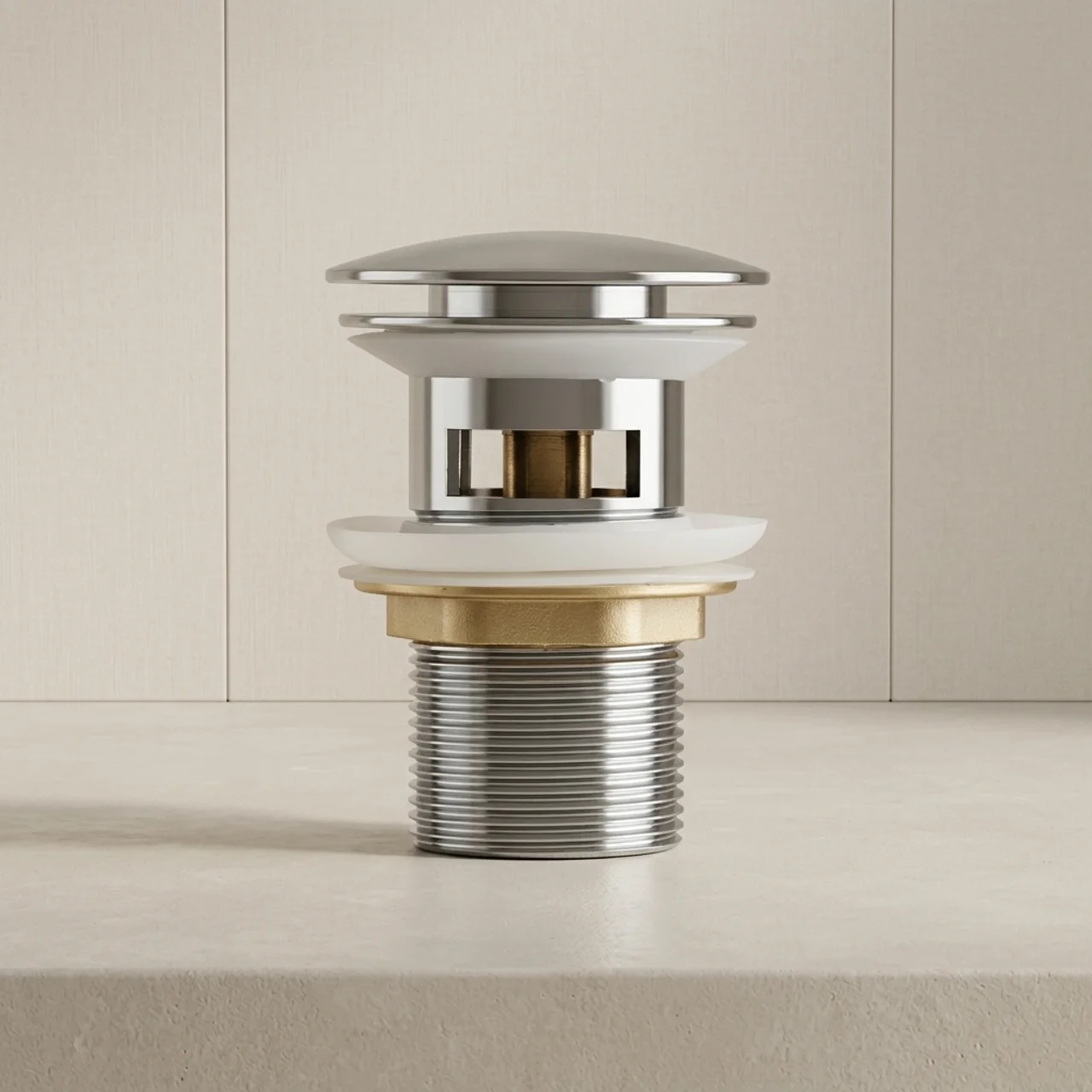 Bathroom sink drain with chrome and brass finish on a neutral background