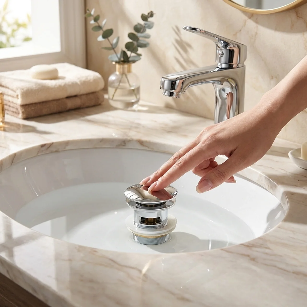 Person using a plunger in a bathroom sink with marble countertop and window in background