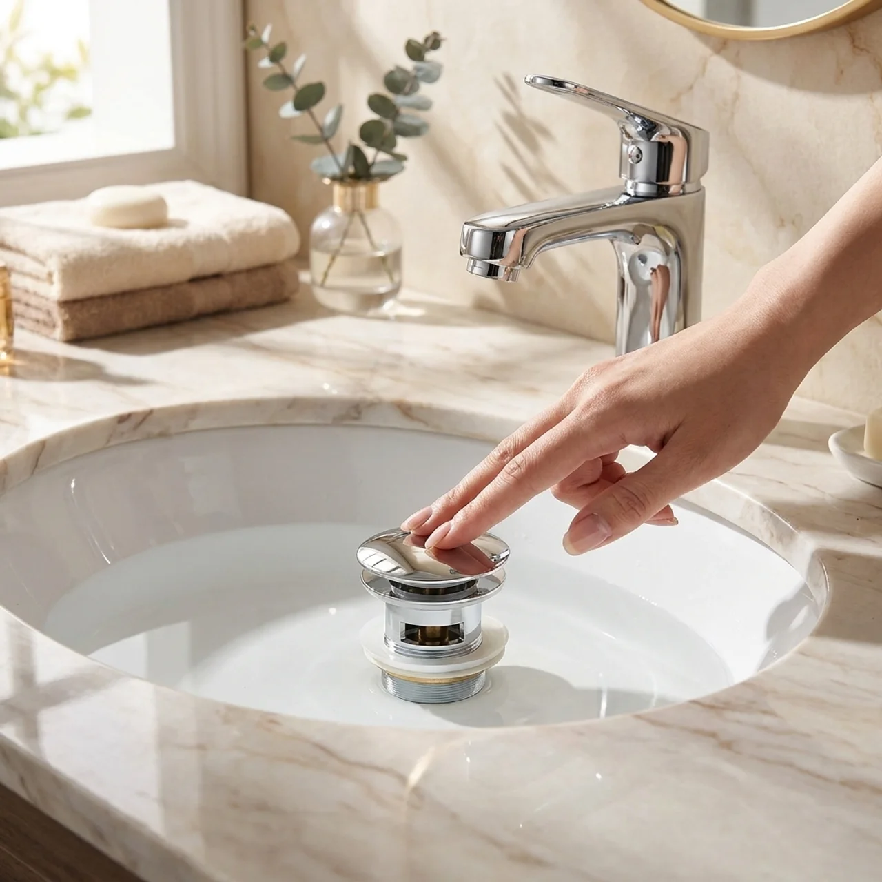 Person using a plunger in a bathroom sink with marble countertop and window in background
