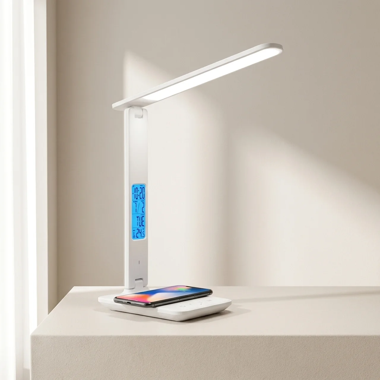 Modern LED desk lamp with wireless charging pad on a neutral background
