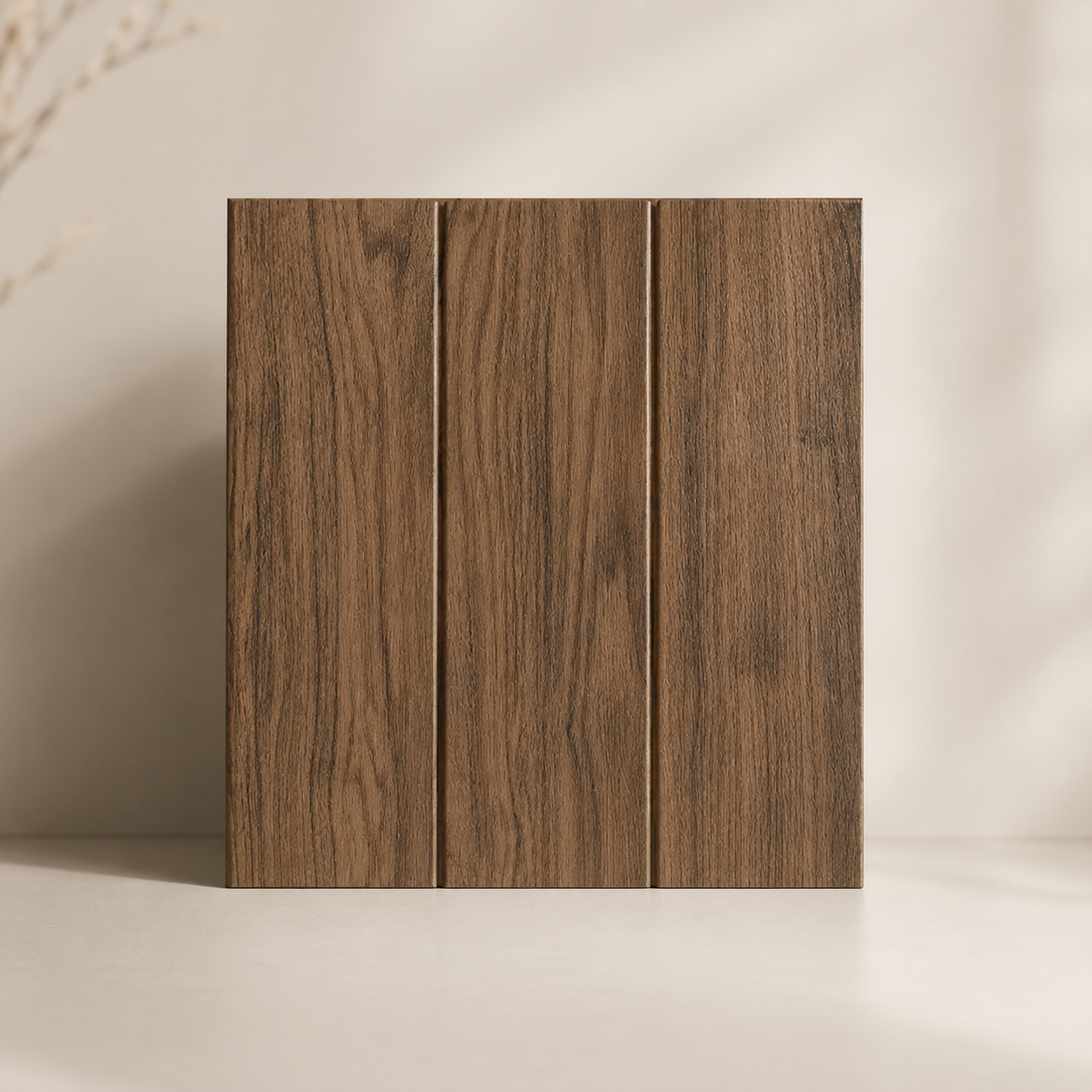 Wooden panel with a natural finish on a neutral background