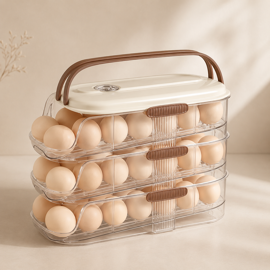 Egg storage container with eggs on a beige background