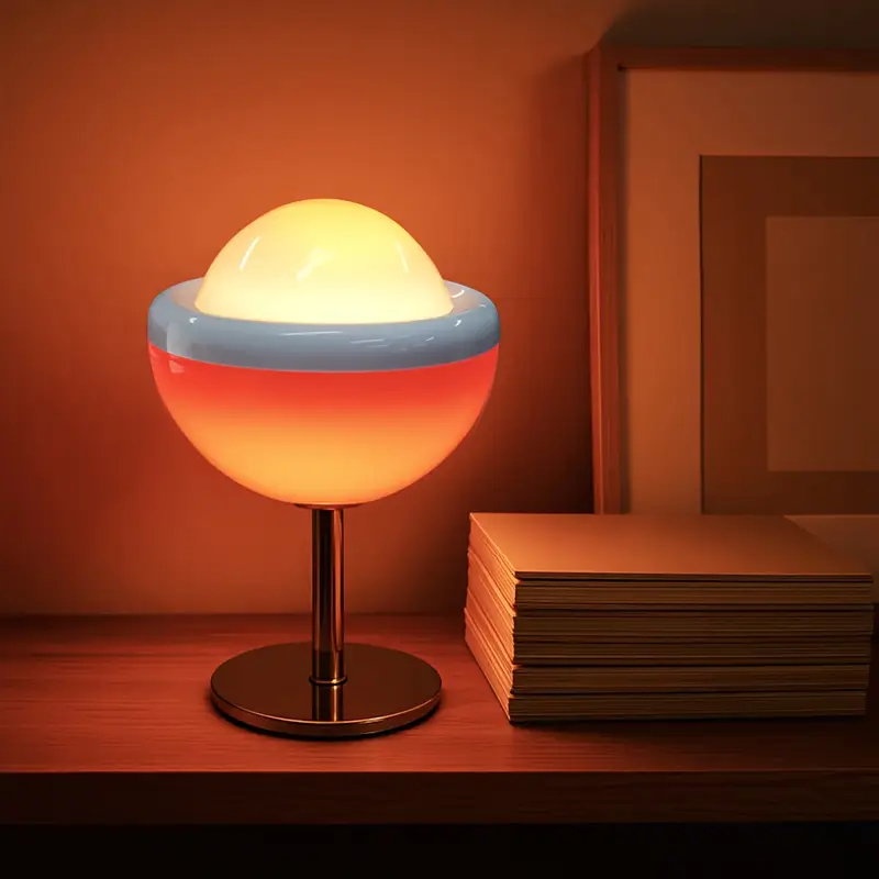 Colorful spherical lamp on a wooden surface with a warm background