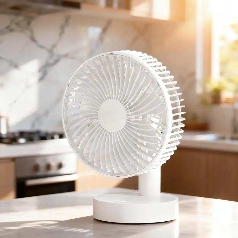 White portable fan on a kitchen counter with a blurred background