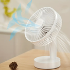 White desk fan on a wooden surface with a blurred background