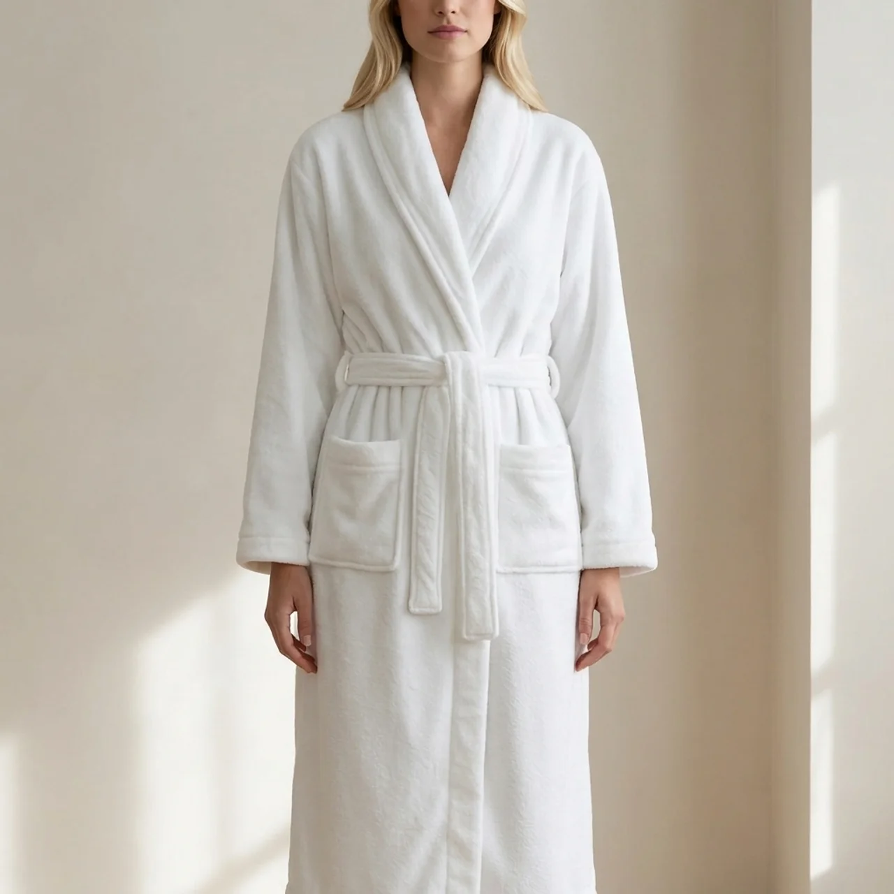 White robe worn by a person on a neutral background