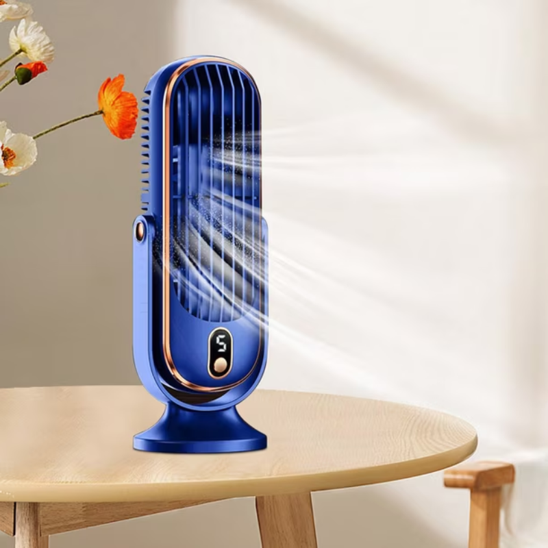 Blue portable fan on a wooden table with flowers in the background