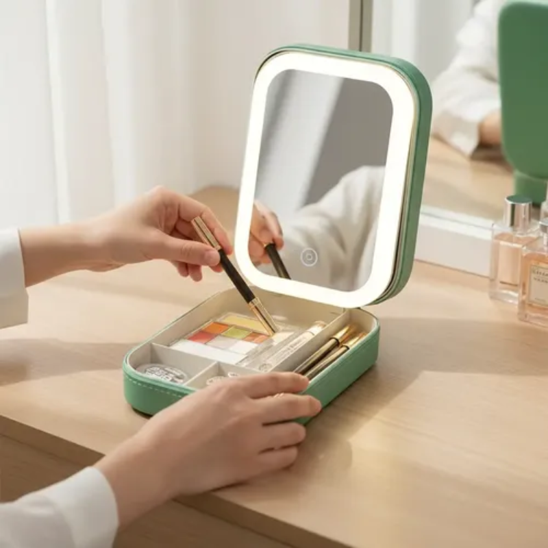 Green makeup case with a mirror on a wooden surface