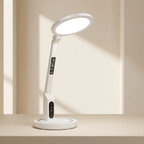 White LED desk lamp with digital display on a beige background