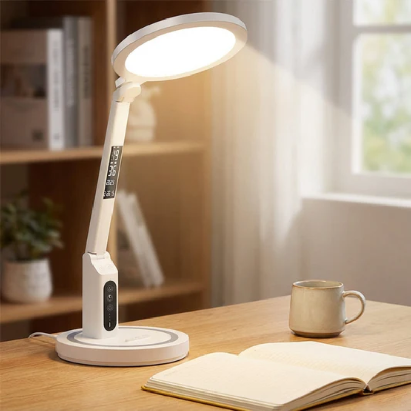 White desk lamp on a wooden table with an open book and mug, in a bright room.