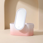 Pink and white vanity mirror with light on a beige background